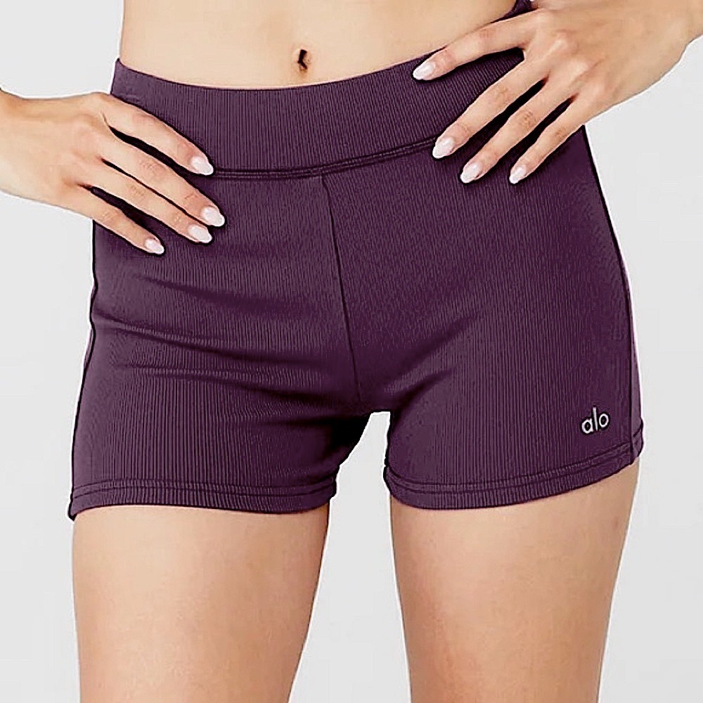 ALO Yoga Women's Goddess Purple Ribbed Athletic Biker Shorts